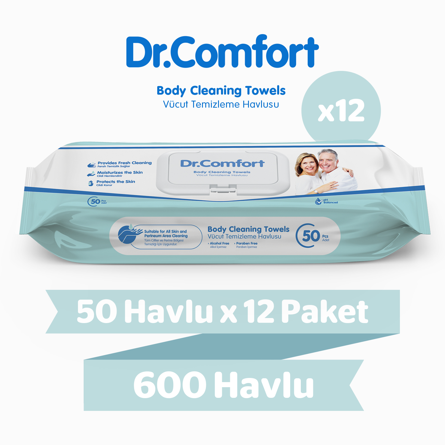 Dr.Comfort Vücut Temizleme Havlusu 50'li 12 Paket 600 Havlu